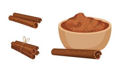 Dried Cinnamon Bark Strips and Bark Powder in Bowl Vector Set