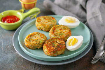 Vegetable cutlets in a plate on the table. Top view. Healthy diet