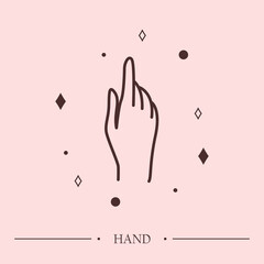 Female hand vector illistration. Fashion and beauty linear logo for cosmetics, spa and tattoo. Logo template in minimal style. Minimal woman hand vector for jewelry and wedding, hand gesture icon