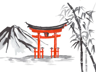 Japan traditional sumi-e painting. Fuji mountain, sakura, temple, sunset. Japan sun. Indian ink vector illustration. Japanese picture.