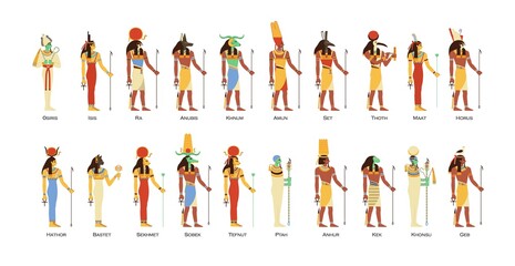 Set of Egyptian gods and goddesses. Deities of Ancient Egypt. Myth Cairo figures and statues. Colored flat vector illustration of osiris, horus, ra, sobek and thoth isolated on white background - obrazy, fototapety, plakaty