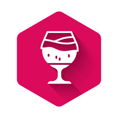 White Glass of beer icon isolated with long shadow background. Pink hexagon button. Vector.