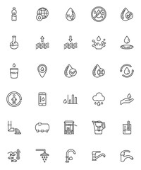 Water related line icons set. linear style symbols collection, outline signs pack. vector graphics. Set includes icons as water drop, raindrop, clean droplet, evaporation, humidity level, shower, tap