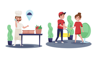 Restaurant Chef Taking Order Over Phone and Man Courier Handing Food Delivery Vector Set