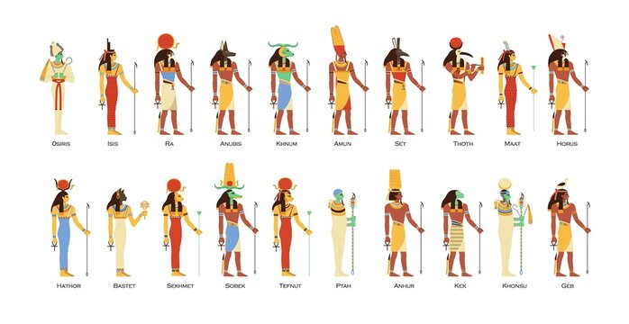 Set of Egyptian gods and goddesses. Deities of Ancient Egypt. Myth Cairo figures and statues. Colored flat vector illustration of osiris, horus, ra, sobek and thoth isolated on white background