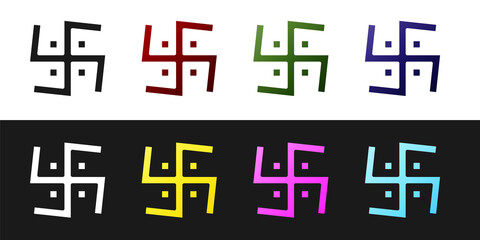 Set Hindu swastika religious symbol icon isolated on black and white background. Vector.