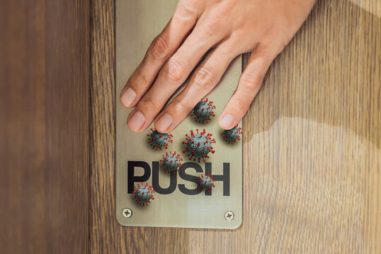 Viruses on the doorknob. Coronovirus COVID 19. Human life through which germs and viruses spread, door handle. the concept of germs sitting on the door handle
