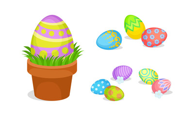 Decorated Easter Egg in Flowerpot and Scattering Around as Holiday Symbols Vector Set
