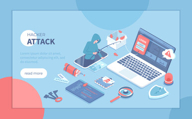 Fototapeta na wymiar Hacker Attack. Hacker steal credit card. Thief fishing personal information on laptop. Virus, spam and security. Hacking concept. Isometric vector illustration for banner, website.