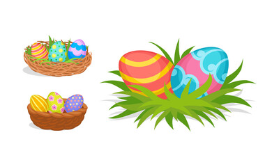 Decorated Easter Egg Rested in Nest and Wicker Basket as Holiday Symbols Vector Set