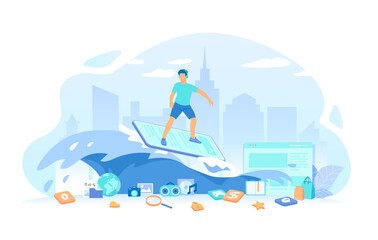 Man riding a wave on a smartphone. Mobile phone as a surf board. Internet Surfing. Online Search and Viewing information on the Internet, Browsing. Vector illustration flat style.
