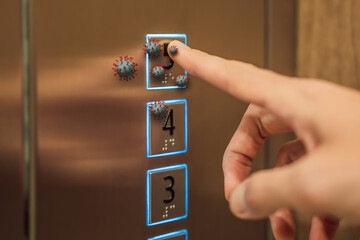 Hand finger press button in elevator with virus. Covid-19 or Coronavirus in the elevator button. Button with virus around the elevator or lift. Infection Control and Social distance concept