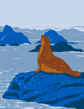 WPA poster art of California harbor seal on rock outcroppings in California Coastal National Monument along the coast of California done in works project administration or Federal Art Project style.