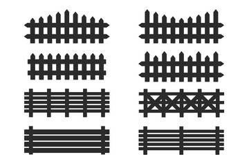 Vector fence silhouette. Black wooden fence isolated on white background.