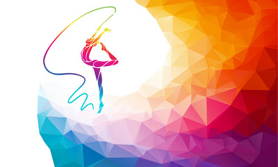 Silhouette of spectrum color gymnastic girl with ribbon