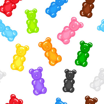 Gummy bear jelly sweet candy seamless pattern with amazing flavor flat style design vector illustration. Bright colorful jelly delicious sweets isolated on white background.