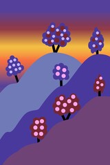 Violet, orange, red and yellow sun set sky. Blue and purple mountain silhouette. Trees with flowers. Abstract texture. Nature and ecology. Vertical orientation. Social media, post card and poster