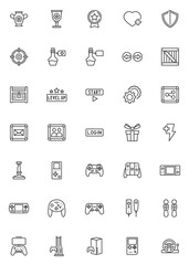 Video game line icons set. linear style symbols collection outline signs pack. vector graphics. Set includes icons - video game console, gamepad controller, vr joystick, retro handheld, steering wheel