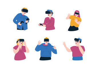 Set of characters using VR headset. Young people in virtual reality glasses. Flat vector illustration on white background