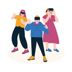 Young people using VR headset. Characters in virtual reality glasses. Flat vector illustration on white background
