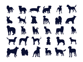 Set of silhouettes of different dog breeds. Black and white vector illustration