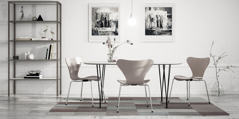 Cute Dinning Room Furniture Design - panoramic black and white 3D Visualization