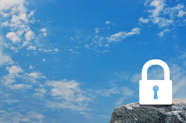 Key flat icon on rock mountain over blue sky with white clouds, Business security concept
