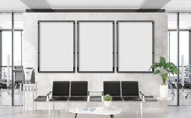 Three vertical frames Mockup hanging in office waiting room. Mock up of billboards in modern concrete interior 3D rendering