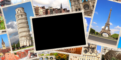 Vintage travel background with retro photos of european landmarks