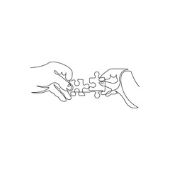 continuous line drawing of hands solving jigsaw puzzle