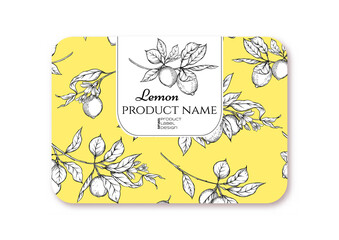 Lemon. Ripe citrus. Template for product label, cosmetic packaging. Easy to edit. Graphic drawing, engraving style. Vector illustration.