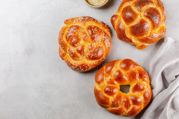 Kolach braided bread. Homemade. Light grey background, copy space.