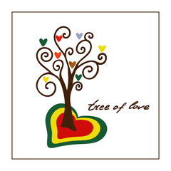 The tree of love. Vector card, a tree growing from a multi-colored heart with hearts instead of leaves. With an inscription on a transparent background.