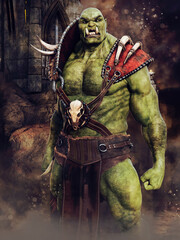 Fantasy green ogre warrior dressed in armour standing in front of castle ruins. 3D render. - 417303372