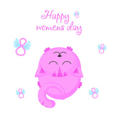 Cute, vector cat, cat. March 8. International Women's Day. Women's holiday. Designed for printing, fabrics, textiles, postcards, sticker