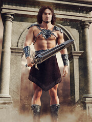 Fantasy gladiator with a broad sword standing in front of an ancient arch gate. 3D render - the man in the image is a 3D object, not a real person. 