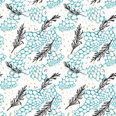 Seamless pattern with not blossoming lavender branch, a pattern of scales and gold spots. Vector illustration.