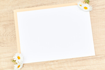 Empty white cards with daisies for invitations. Party concept, invitation.