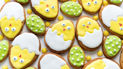 Easter sugar cookies background. Buttery Easter egg biscuits with meringue. Easter chickens cookies. Cute chickens in eggshell. Cooking with children creative ideas.