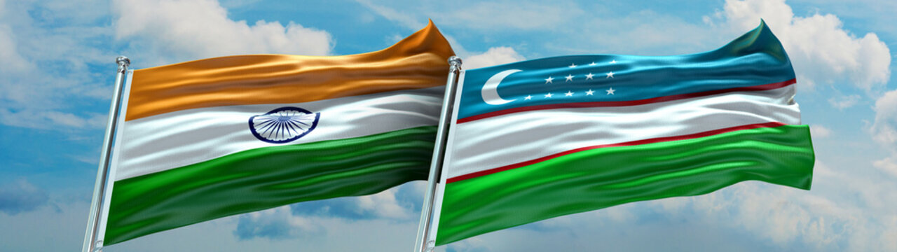 Uzbekistan Flag and India flag waving with texture sky Cloud Double flag 
