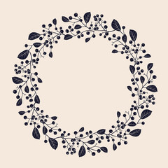 Wreath of leaves and berriess. Black and white. Wedding decoration. Vintage. Vector.