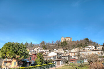 Naklejka na ściany i meble View of Zavattarello, small village in the hilly area of Oltrepo Pavese, between Lombardy, Piedmont and Liguria regions (Northern Italy). Its famous for its medieval castle.