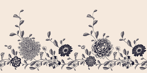 Vektor-Cover-Illustration. Nahtloses Blumenmuster. Jahrgang. © marinavorona