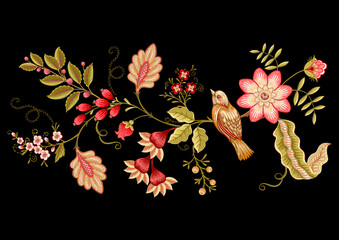 Fantasy flowers in retro, vintage, jacobean embroidery style. Embroidery imitation isolated on black background. Vector illustration.