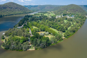 Aerial view of the Wisemans Ferry and the Hawkesbury River, NSW, Australia.