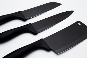set of black luxury kitchen knife isolated on white 