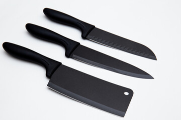 set of black luxury kitchen knife isolated on white 