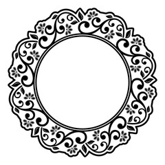 Oriental round black and white frame with arabesques and floral elements. Floral border with vintage pattern. Greeting card with place for text