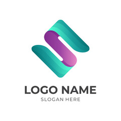 letter S logo design with 3d green and purple color style