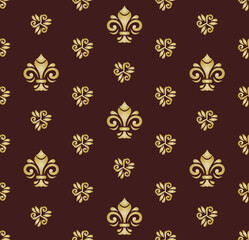Seamless pattern. Modern geometric ornament with royal lilies. Classic vintage brown and golden background